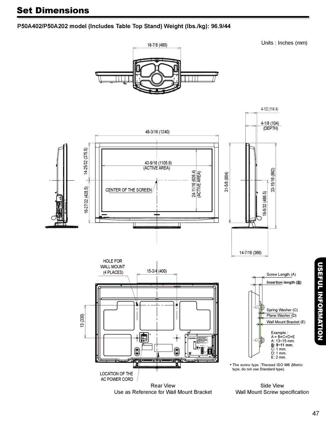 Hitachi P50A402, P42A202 Set Dimensions, Units Inches mm, Rear View Use as Reference for Wall Mount Bracket 