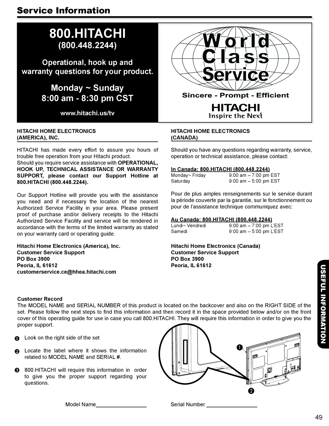 Hitachi P50A402, P42A202 Service Information, Hitachi Home Electronics AMERICA, INC, Hitachi Home Electronics Canada 