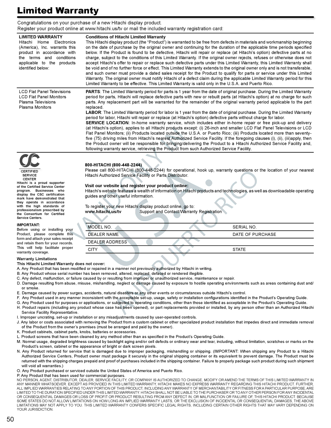 Hitachi P42A202, P50A402 important safety instructions Limited Warranty, LCD Flat Panel Televisions 