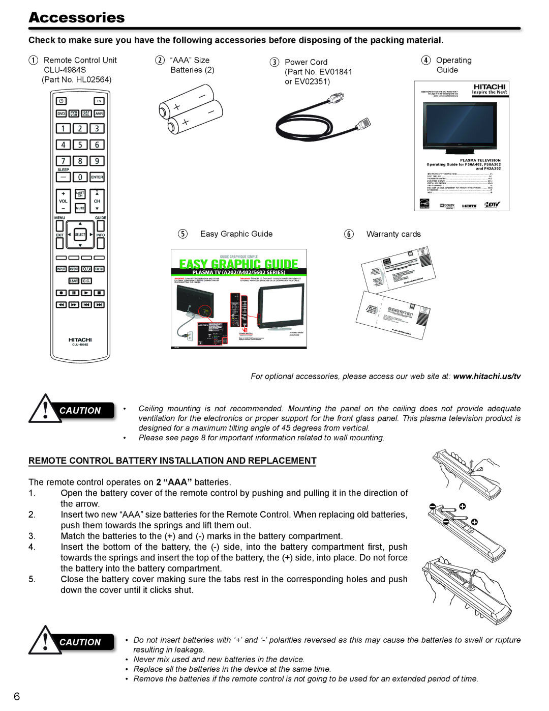 Hitachi P42A202, P50A402 Accessories, Remote Control Battery Installation and Replacement, Easy Graphic Guide 