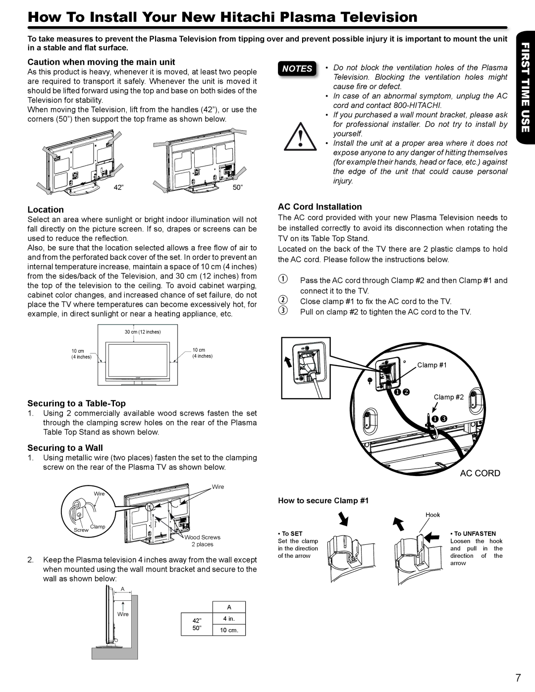 Hitachi P50A402 How To Install Your New Hitachi Plasma Television, Location, Securing to a Table-Top, Securing to a Wall 