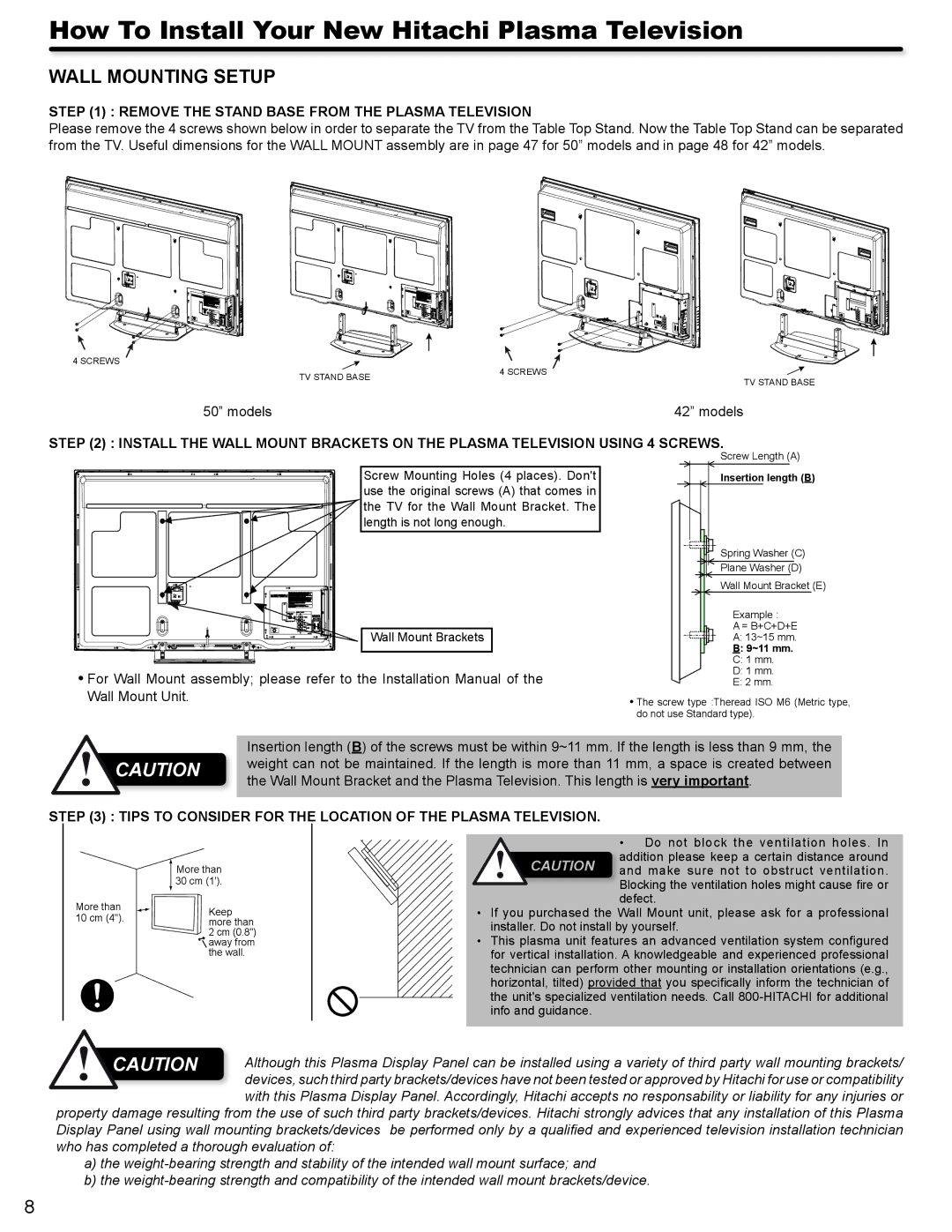 Hitachi P42A202, P50A402 important safety instructions Wall Mounting Setup 