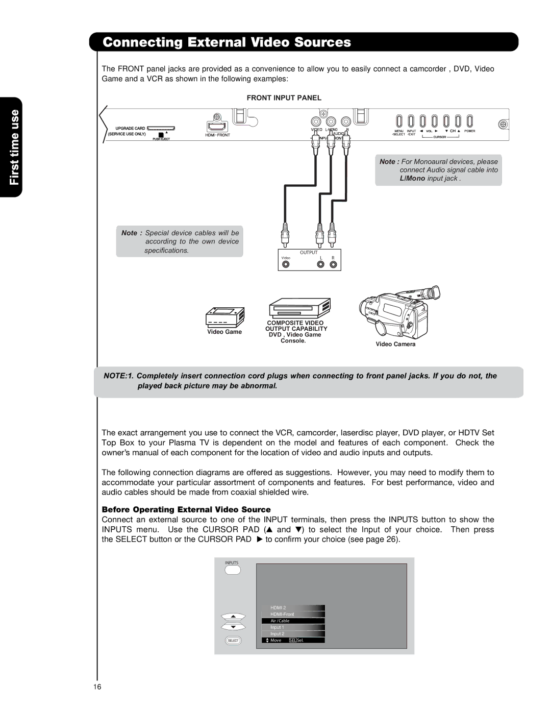 Hitachi P42H4011, P55H401, P50H401A important safety instructions Before Operating External Video Source 