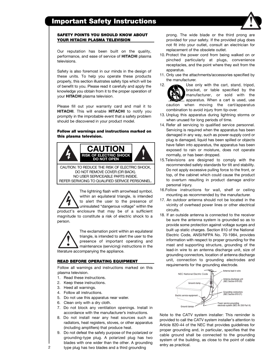 Hitachi P55H401, P42H4011, P50H401A Important Safety Instructions, Read Before Operating Equipment 