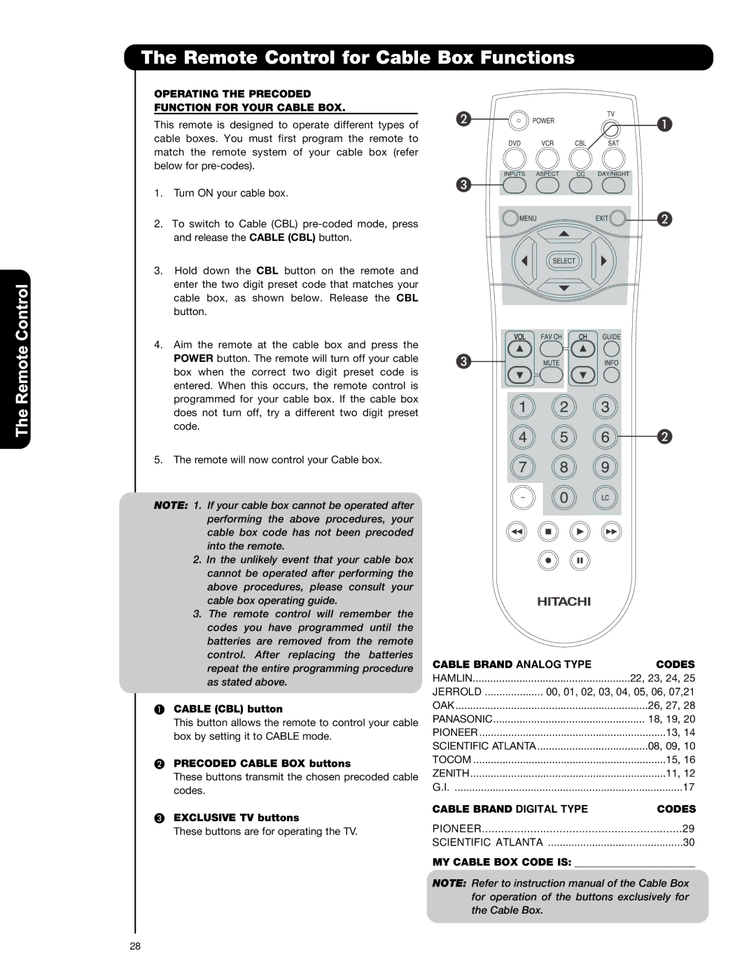 Hitachi P50H401A, P42H4011 Remote Control for Cable Box Functions, Operating the Precoded Function for Your Cable BOX 