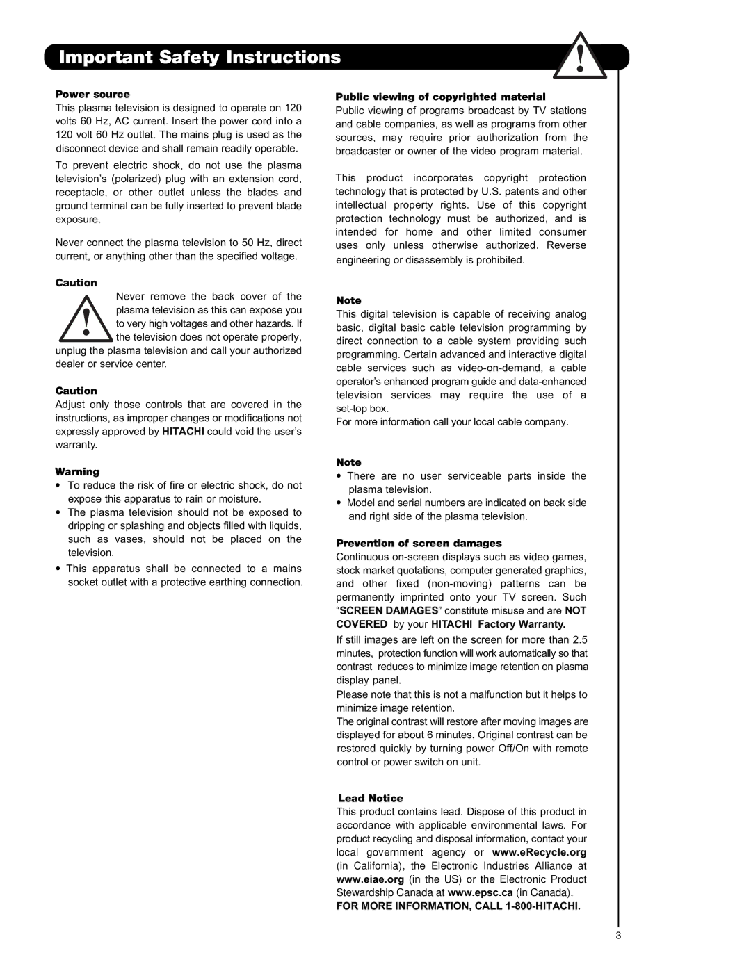 Hitachi P50H401A, P42H4011, P55H401 important safety instructions For More INFORMATION, Call 1-800-HITACHI 