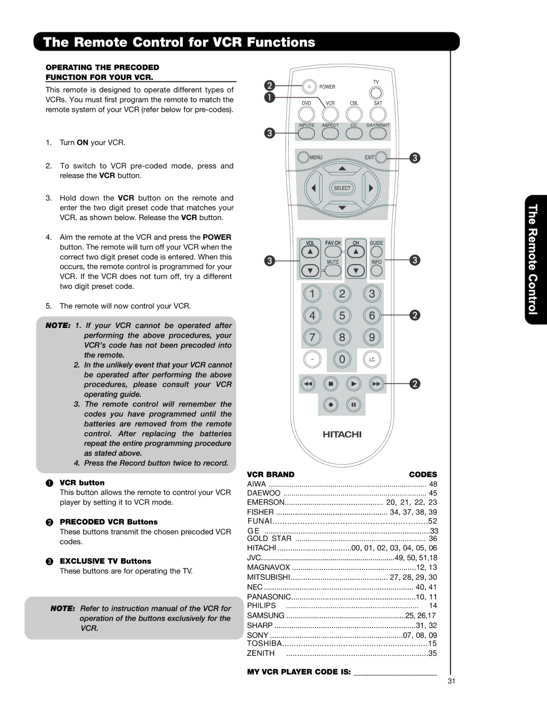 Hitachi P42H4011 Remote Control for VCR Functions, Operating the Precoded Function for Your VCR, VCR Brand Codes 