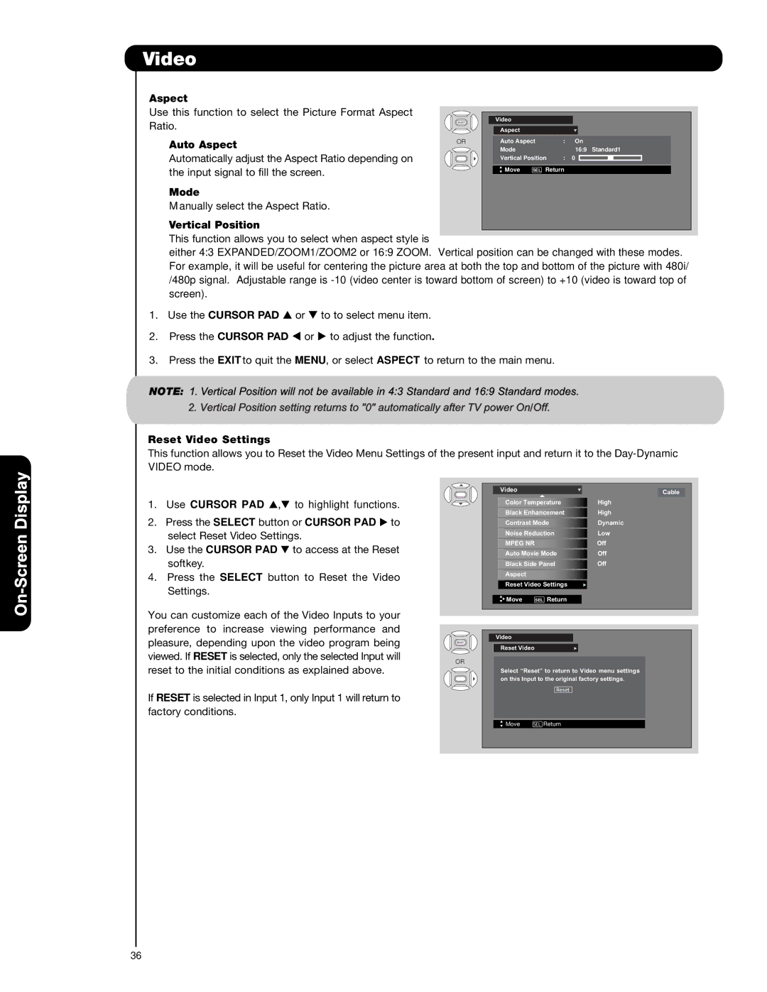 Hitachi P42H4011, P55H401, P50H401A Auto Aspect, Mode, Vertical Position, Reset Video Settings 