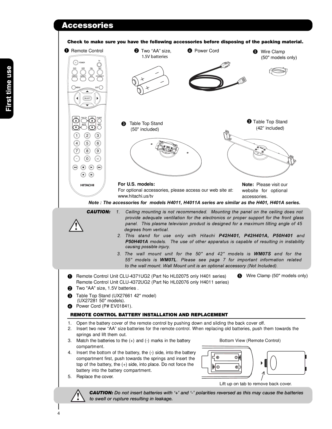 Hitachi P50H401, P42H4011, P55H401 Accessories, For U.S. models, Remote Control Battery Installation and Replacement 