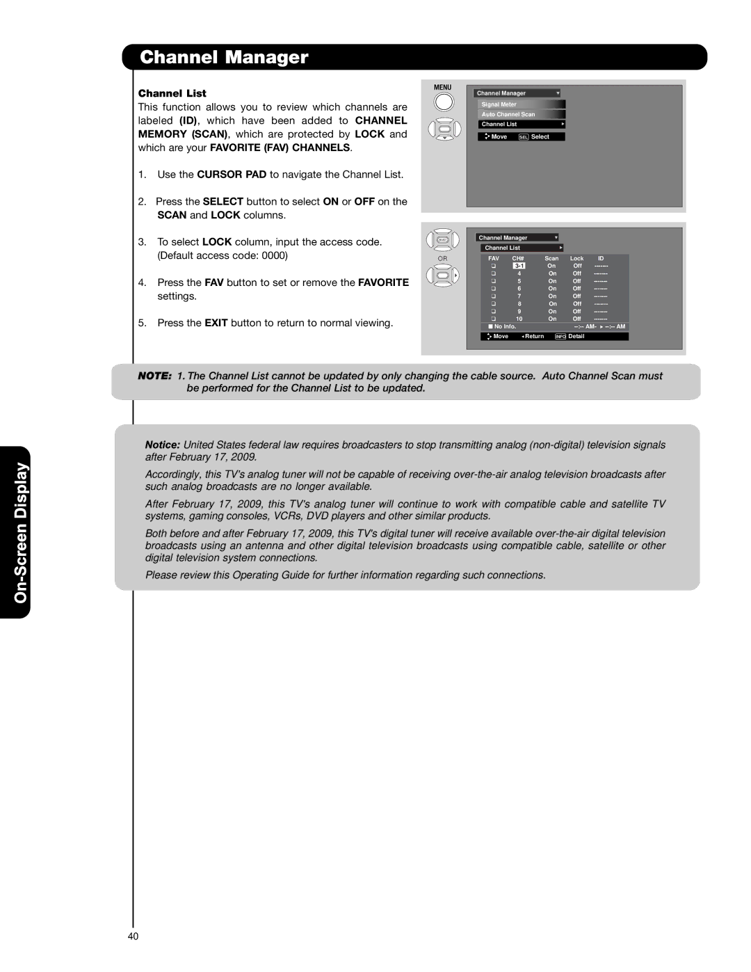 Hitachi P42H4011, P55H401, P50H401A important safety instructions Channel List 