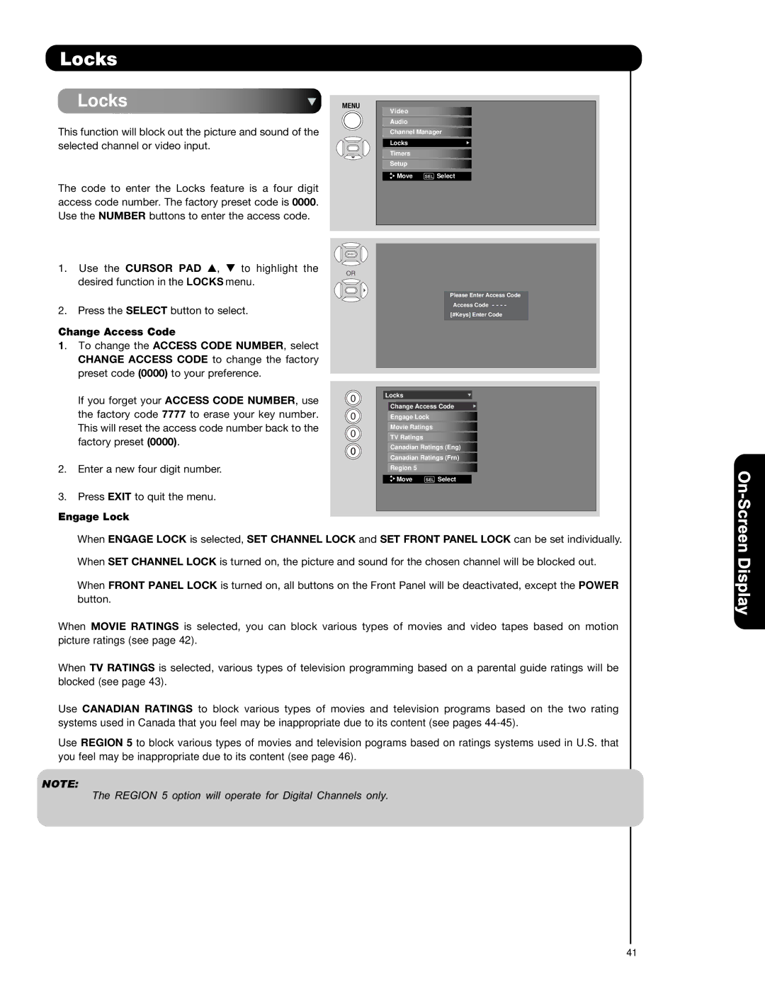 Hitachi P42H4011, P55H401, P50H401A important safety instructions Locks, Change Access Code, Engage Lock 