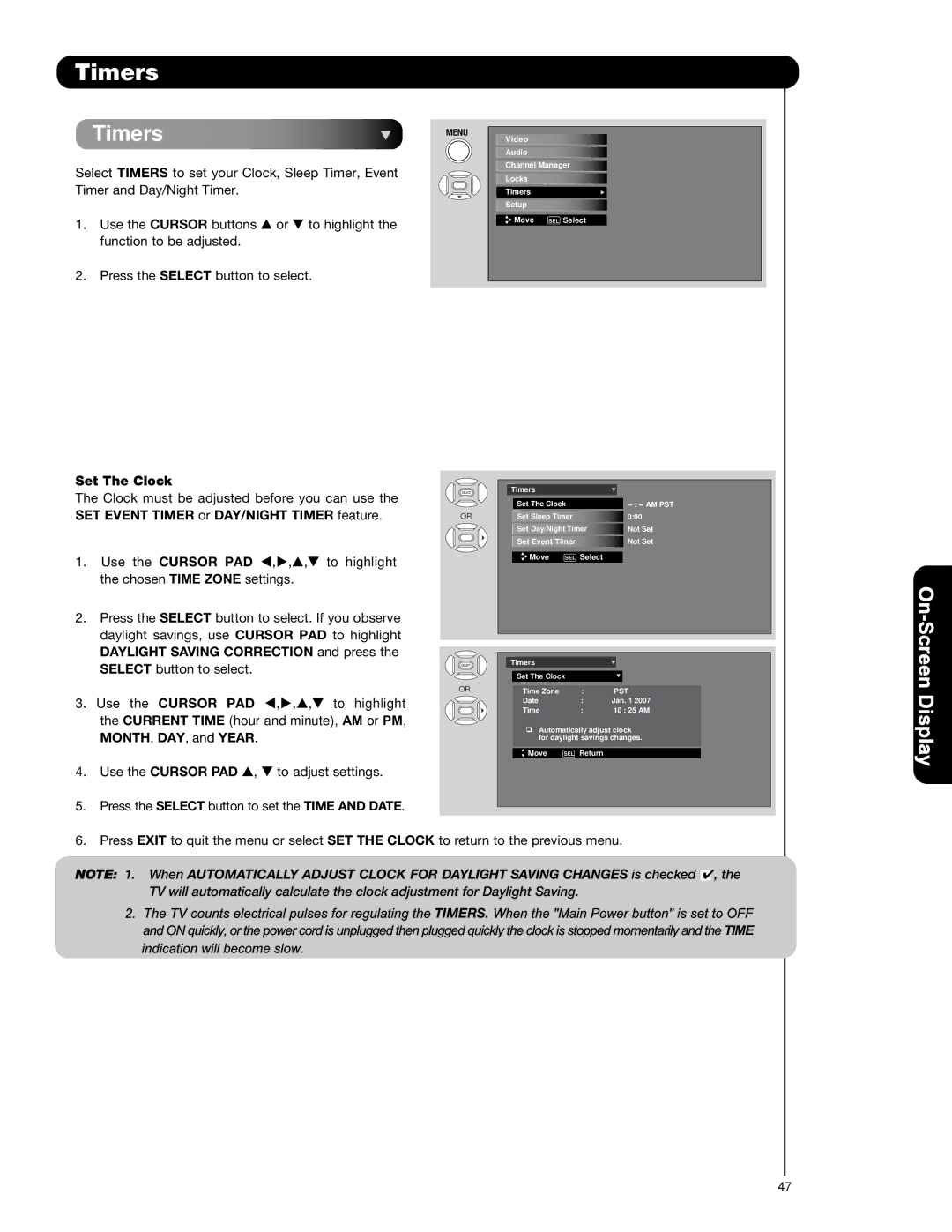 Hitachi P55H401 Timers, Set The Clock, Daylight Saving Correction and press, Month , DAY , and Year Use the Cursor PAD 