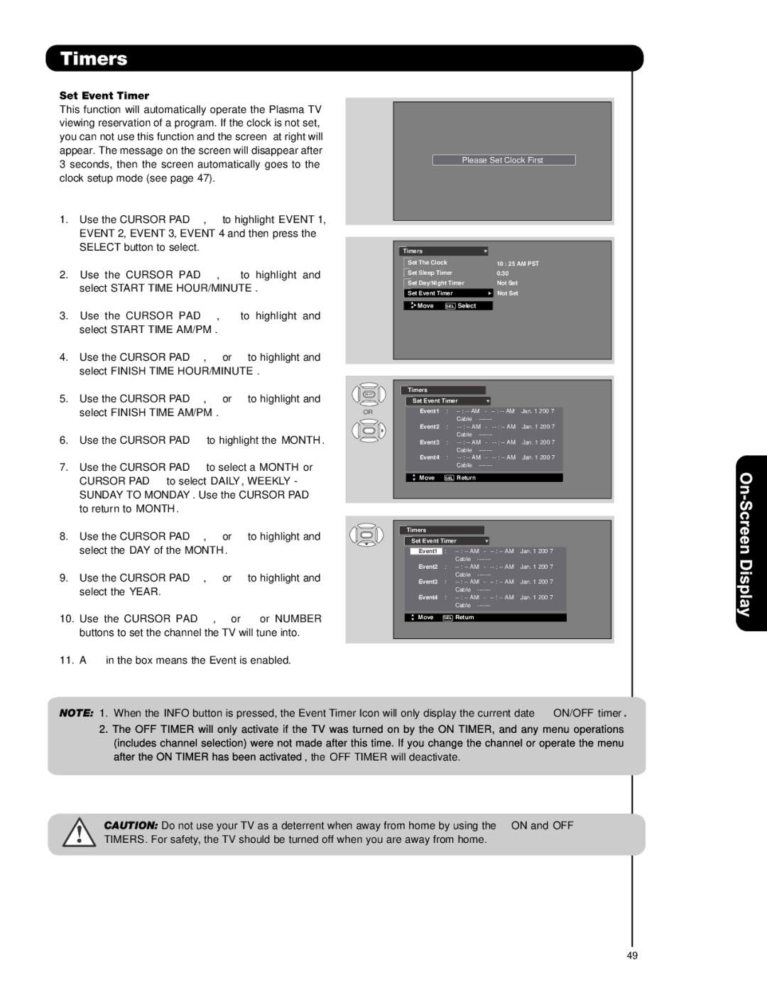 Hitachi P50H401 Set Event Timer, Event 2, Event 3, Event 4 and then press, Select Start Time AM/PM Use the Cursor PAD 