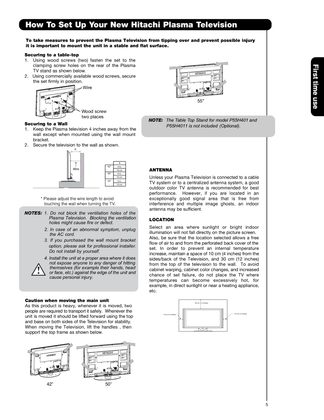 Hitachi P42H4011, P55H401, P50H401A How To Set Up Your New Hitachi Plasma Television, Securing to a Wall, Antenna, Location 