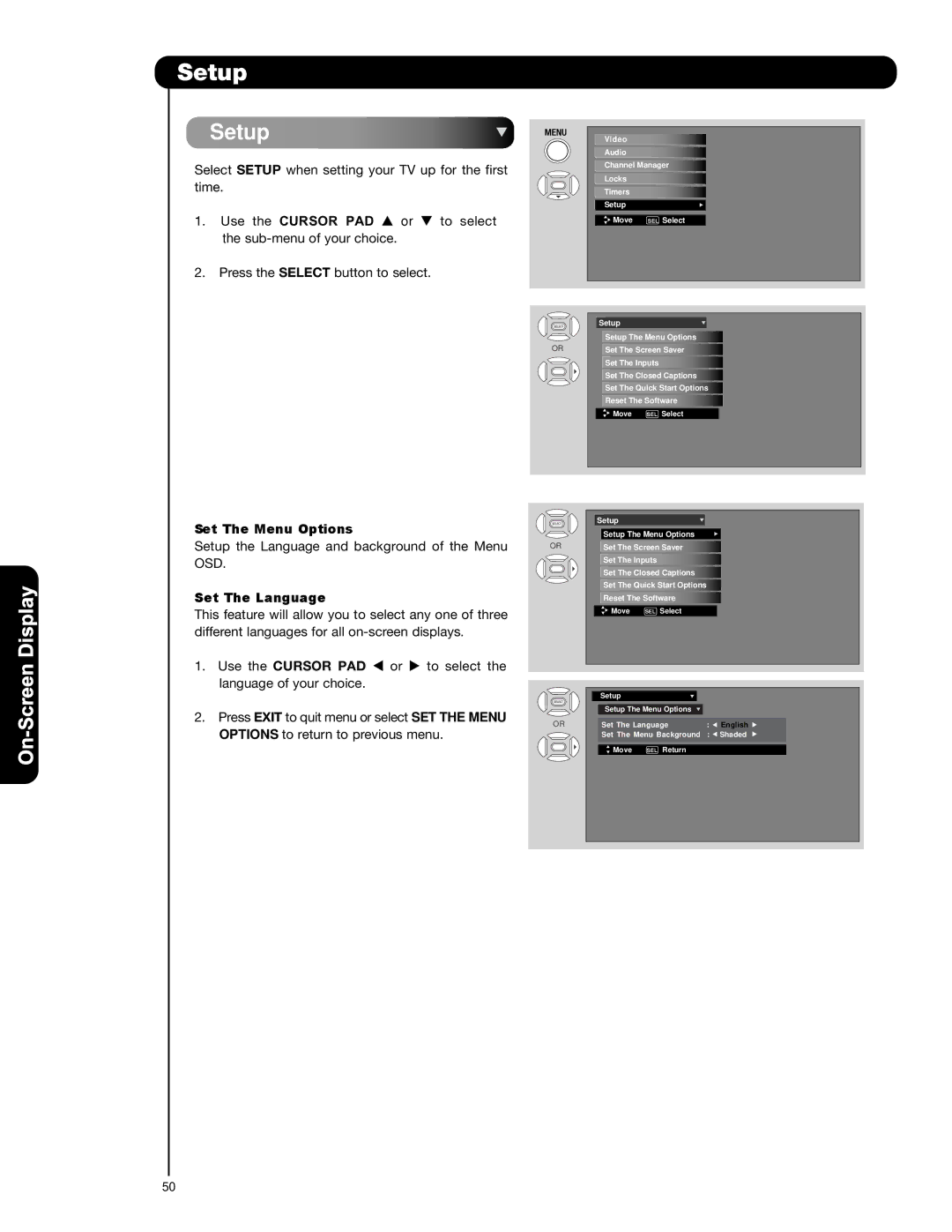 Hitachi P42H4011, P55H401, P50H401A important safety instructions Setup, Set The Menu Options, Set The Language 