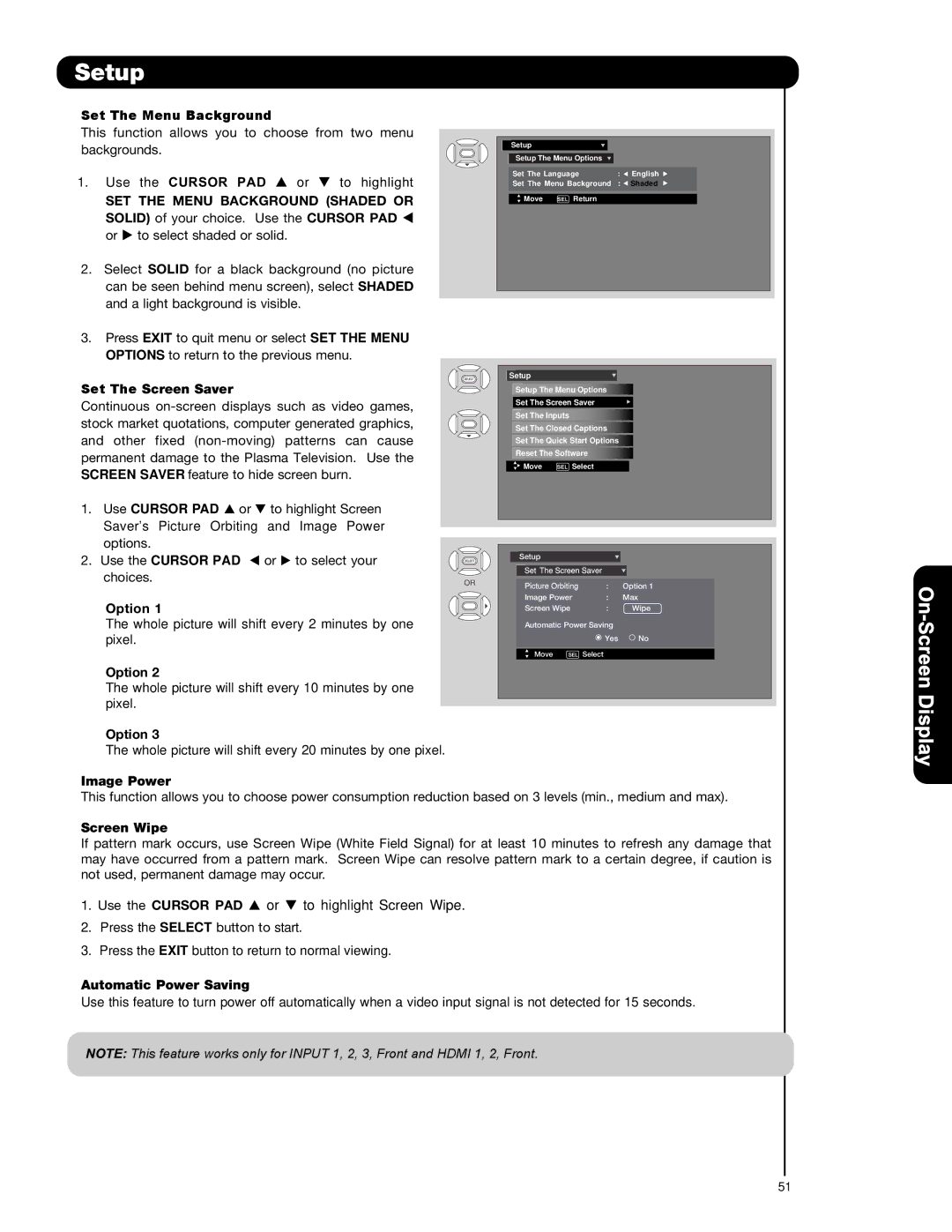 Hitachi P42H401 Set The Menu Background, Set The Screen Saver, Use Cursor PAD or, Option, Image Power, Screen Wipe 