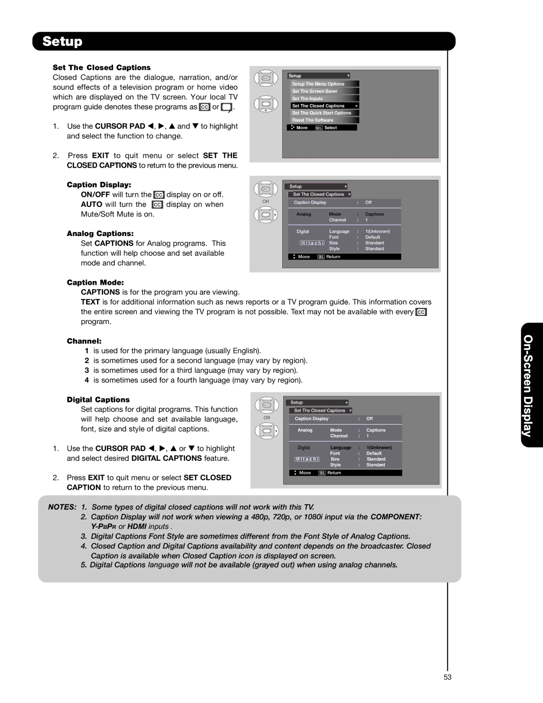 Hitachi P50H401A Set The Closed Captions, Caption Display, Analog Captions, Caption Mode, Channel, Digital Captions 