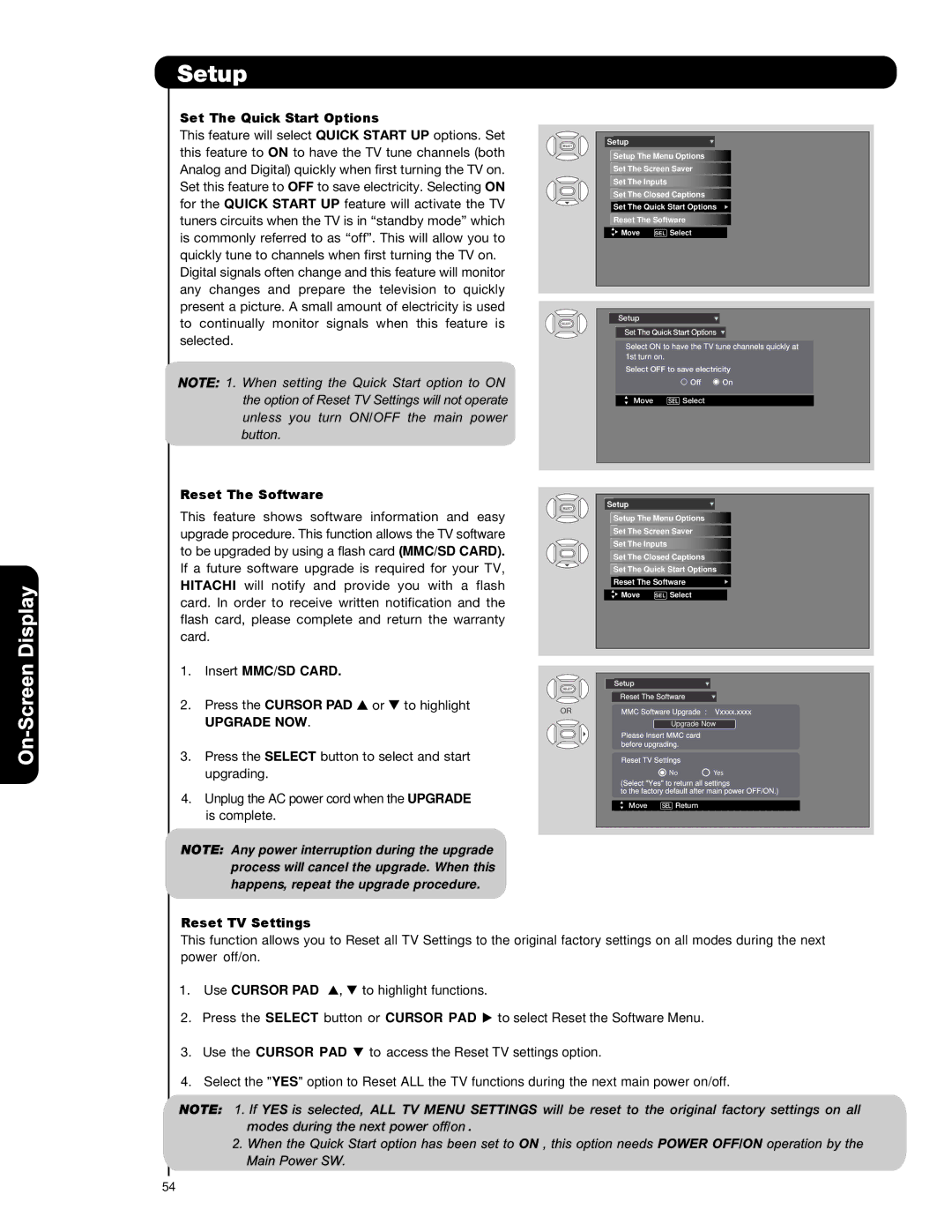 Hitachi P50H401 Set The Quick Start Options, Reset The Software, Insert MMC/SD Card, Upgrade NOW, Reset TV Settings 