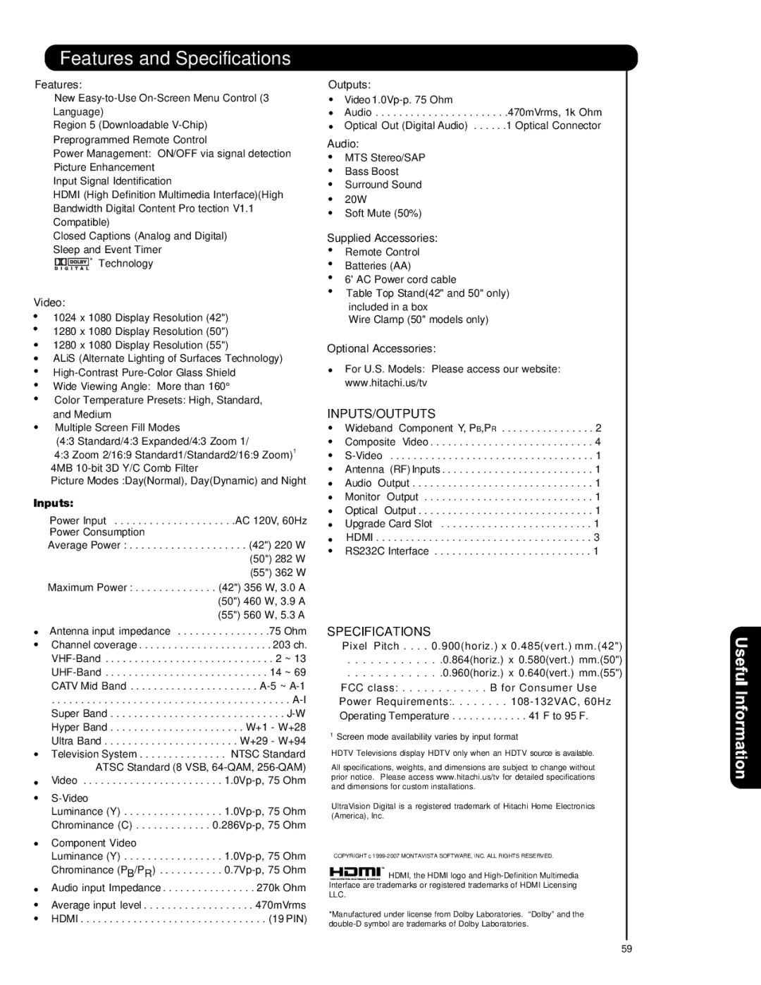 Hitachi P42H4011, P55H401, P50H401A important safety instructions Features and Specifications 