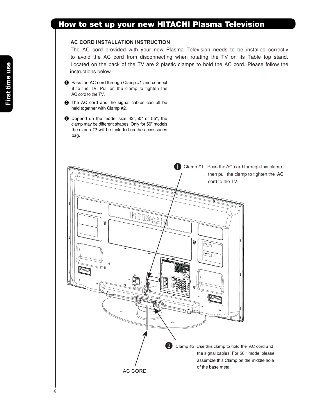 Hitachi P42H4011, P55H401, P50H401A important safety instructions AC Cord Installation Instruction 