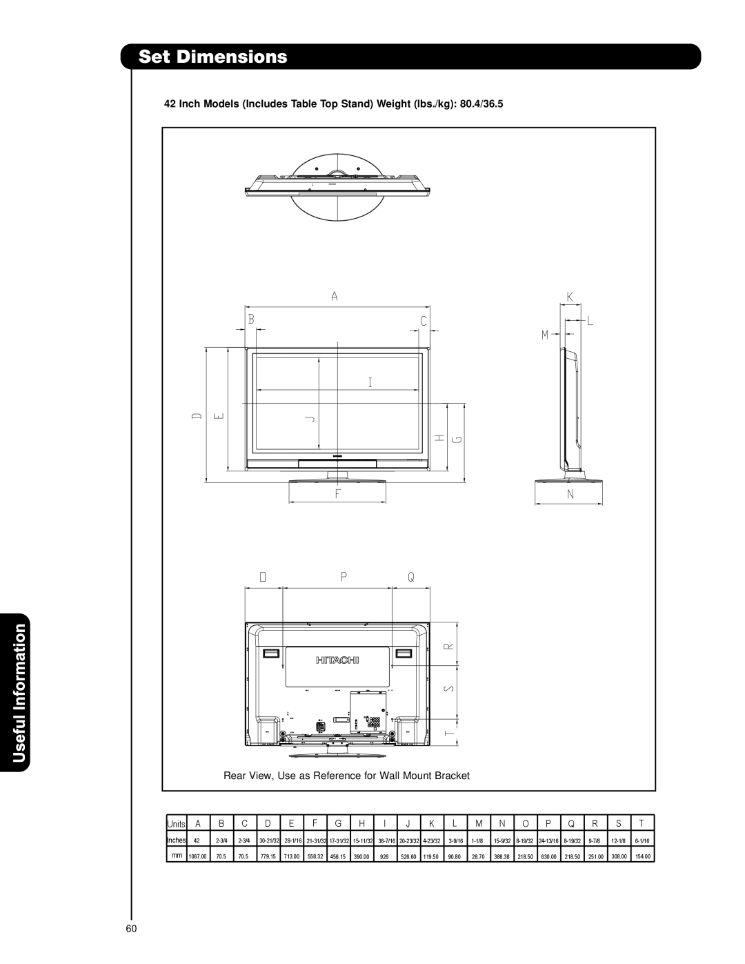 Hitachi P42H4011, P55H401, P50H401A Set Dimensions, Rear View, Use as Reference for Wall Mount Bracket 