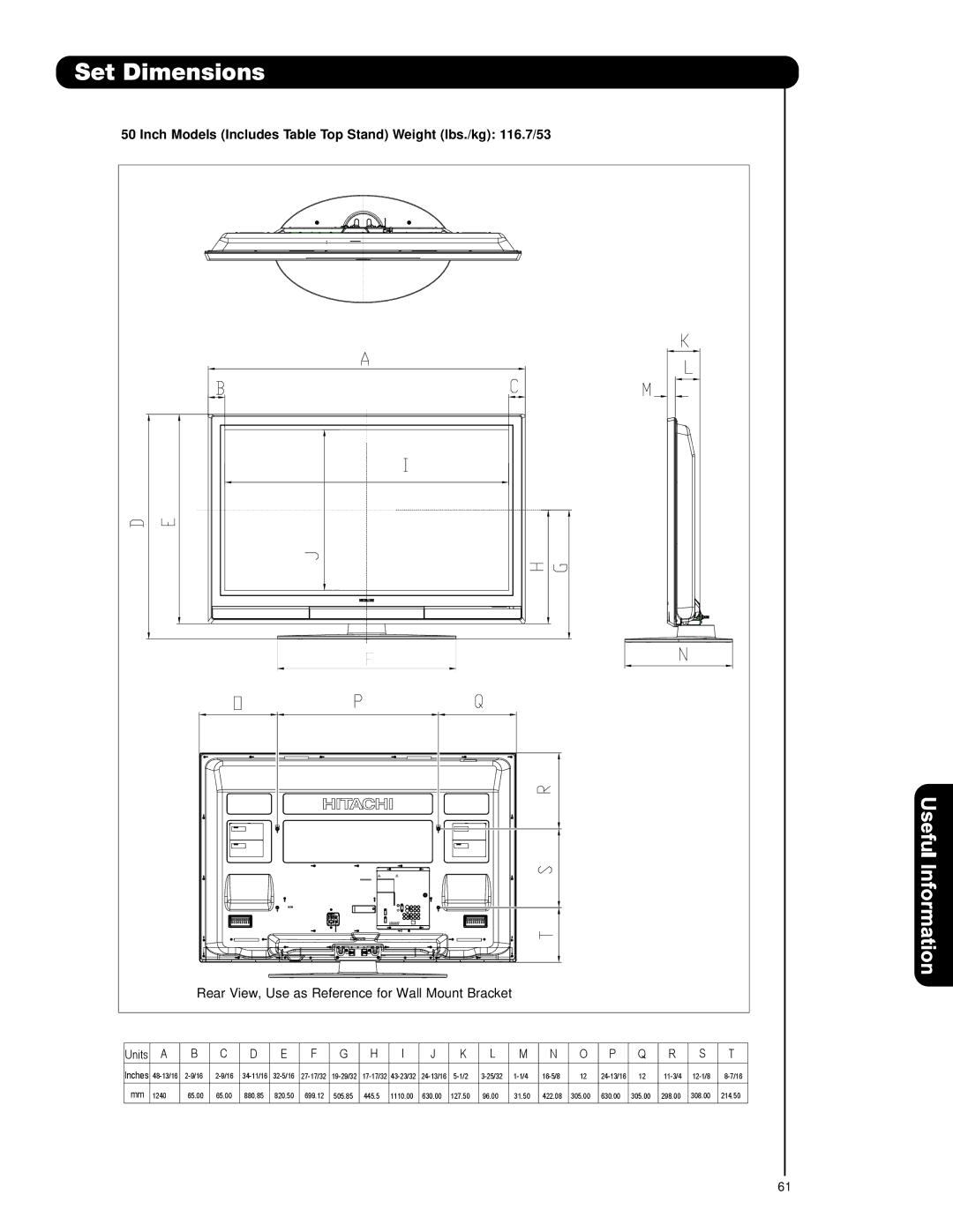 Hitachi P42H4011, P55H401, P50H401A Inch Models Includes Table Top Stand Weight lbs./kg 116.7/53 