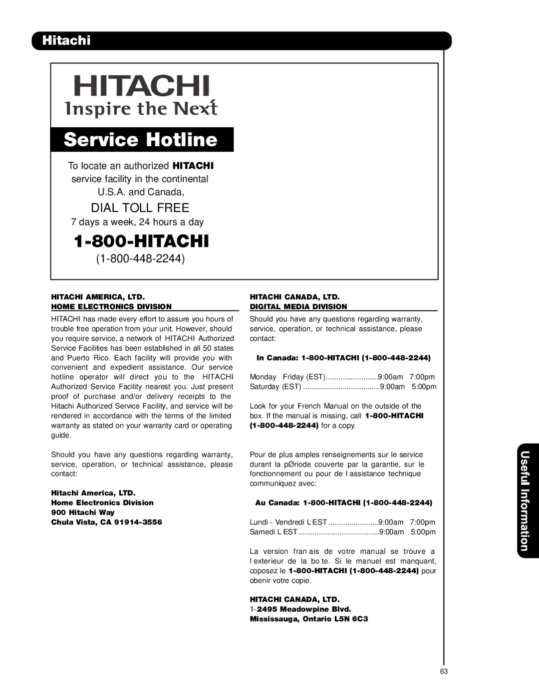 Hitachi P50H401A, P42H4011, P55H401 Hitachi, Home Electronics Division, Digital Media Division, Canada 1-800-HITACHI 