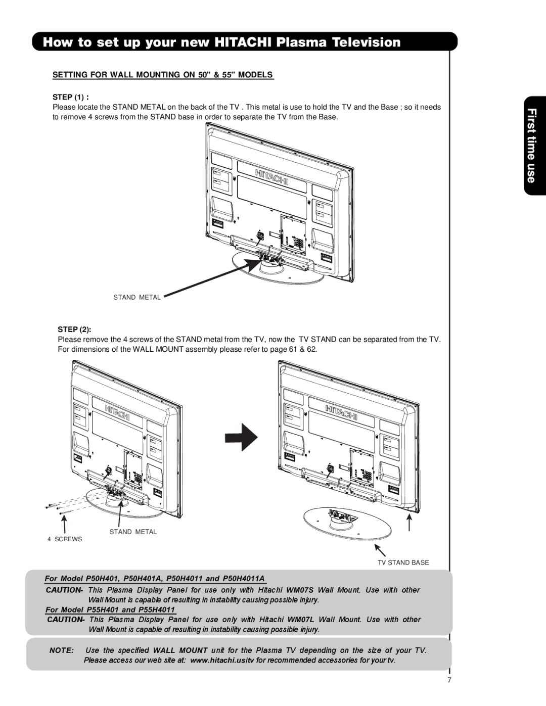 Hitachi P55H401, P42H4011, P50H401A important safety instructions Setting for Wall Mounting on 50 & 55 Models, Step 