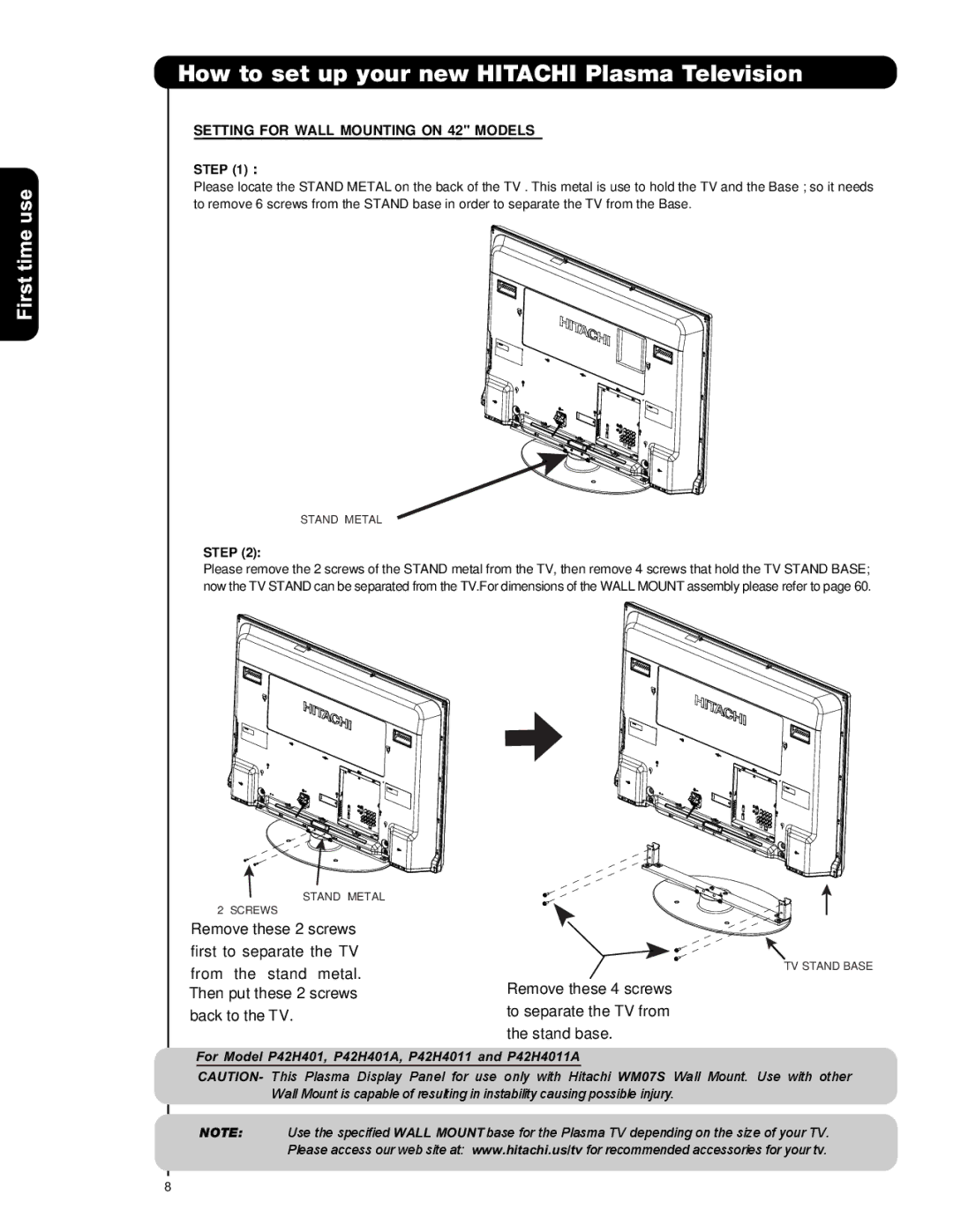 Hitachi P50H401A, P42H4011, P55H401 important safety instructions Remove these 2 screws First to separate the TV 