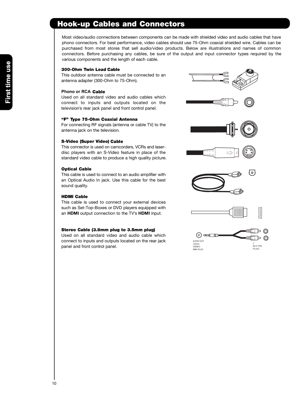 Hitachi P42H4011A, P50H4011A important safety instructions Hook-up Cables and Connectors 