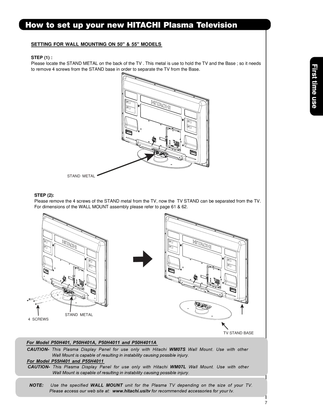 Hitachi P50H4011A, P42H4011A important safety instructions Setting for Wall Mounting on 50 & 55 Models, Step 