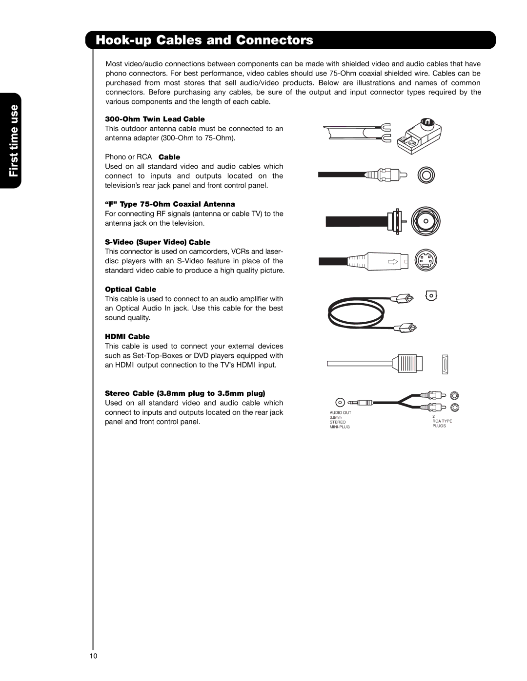 Hitachi P42T501, P42T501A, P50T501, P50T501A, P55T551 Hook-up Cables and Connectors 