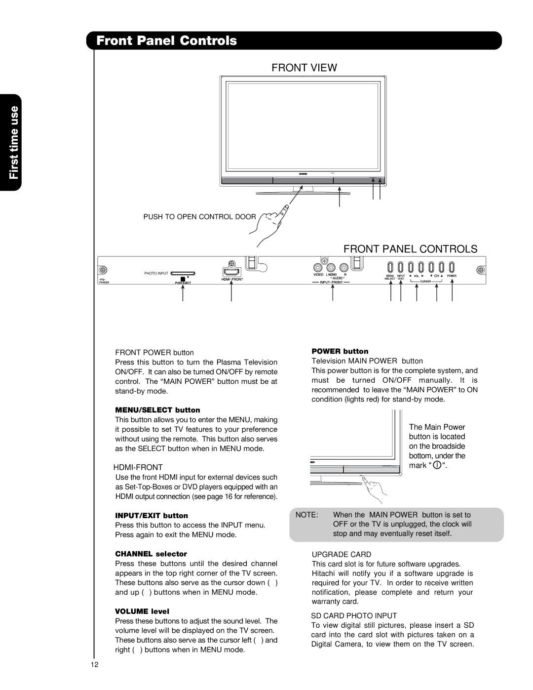 Hitachi P42T501, P55T551, P50T501A important safety instructions Front Panel Controls, Upgrade Card, SD Card Photo Input 