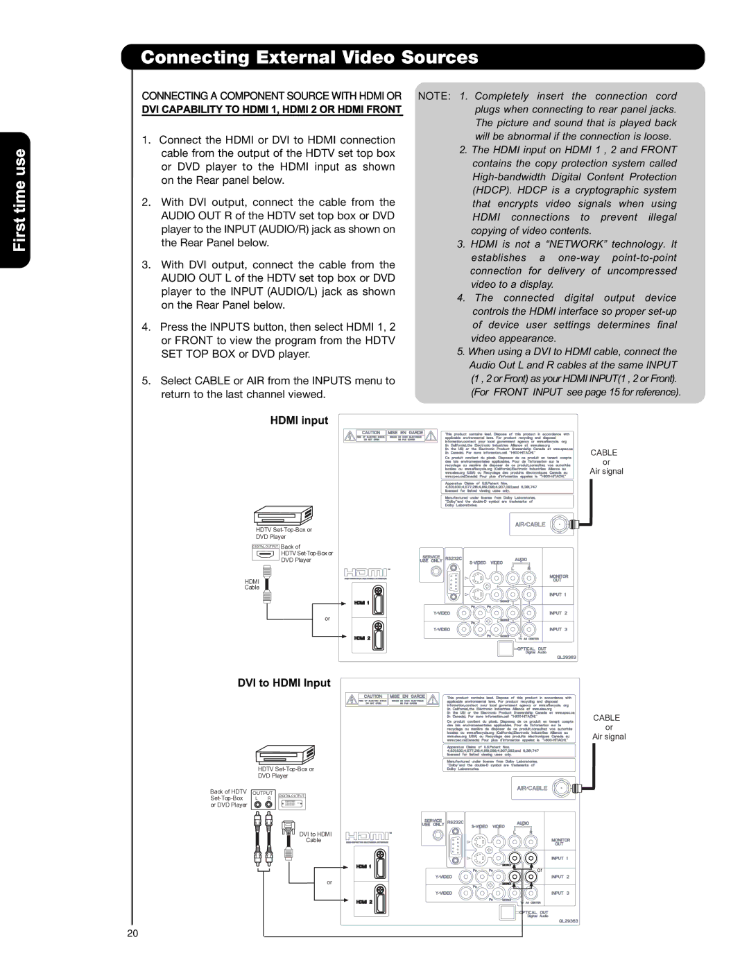 Hitachi P42T501, P42T501A, P50T501, P50T501A, P55T551 important safety instructions Hdmi input 