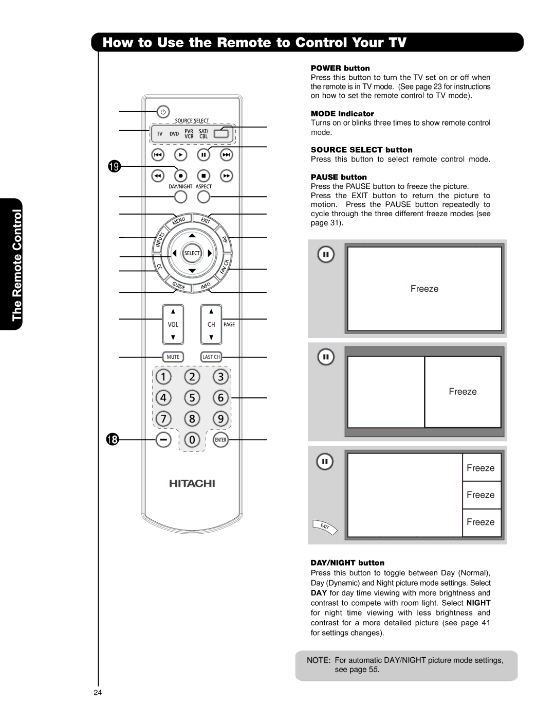 Hitachi P42T501, P42T501A, P50T501, P50T501A, P55T551 How to Use the Remote to Control Your TV, Power button 