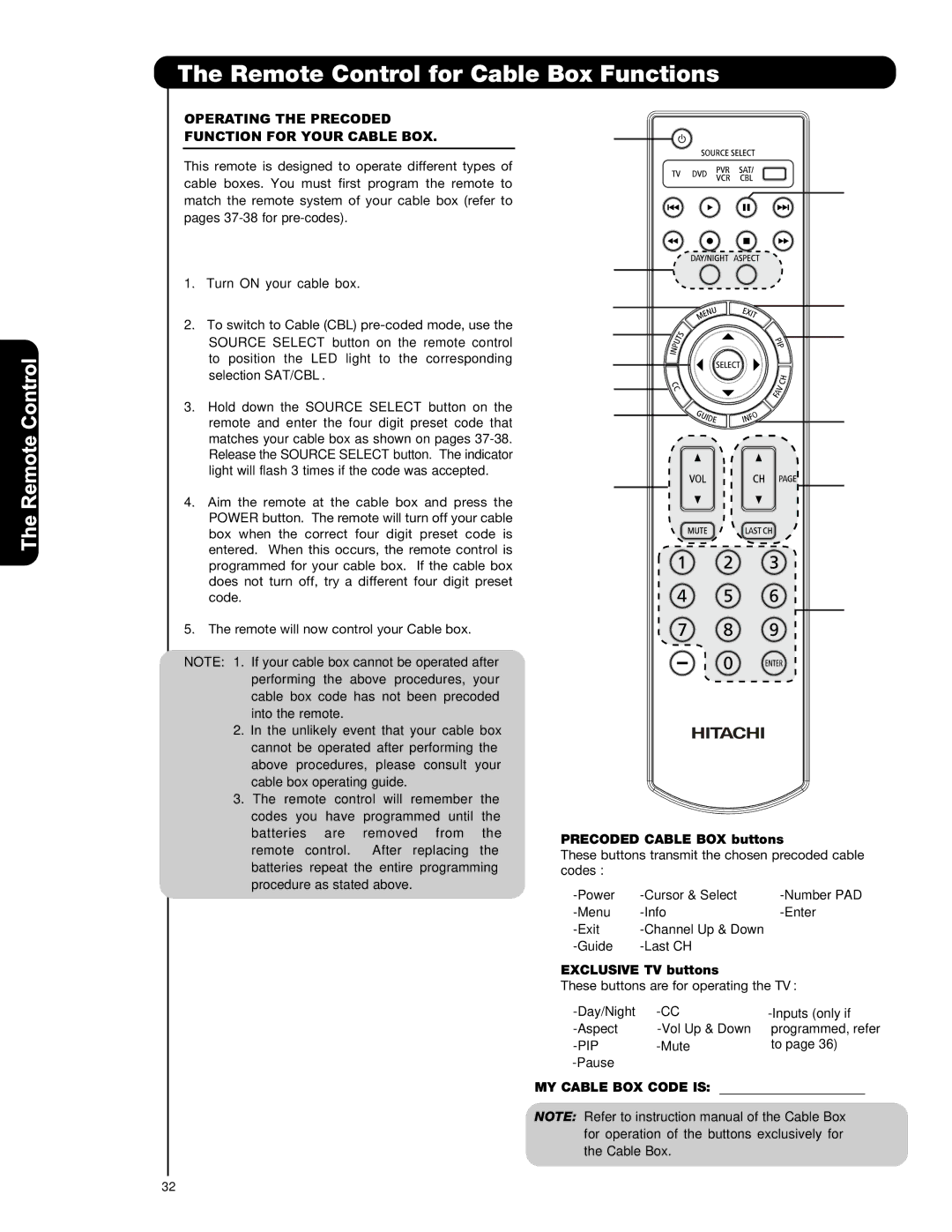 Hitachi P50T501, P42T501 Remote Control for Cable Box Functions, Operating the Precoded Function for Your Cable BOX 