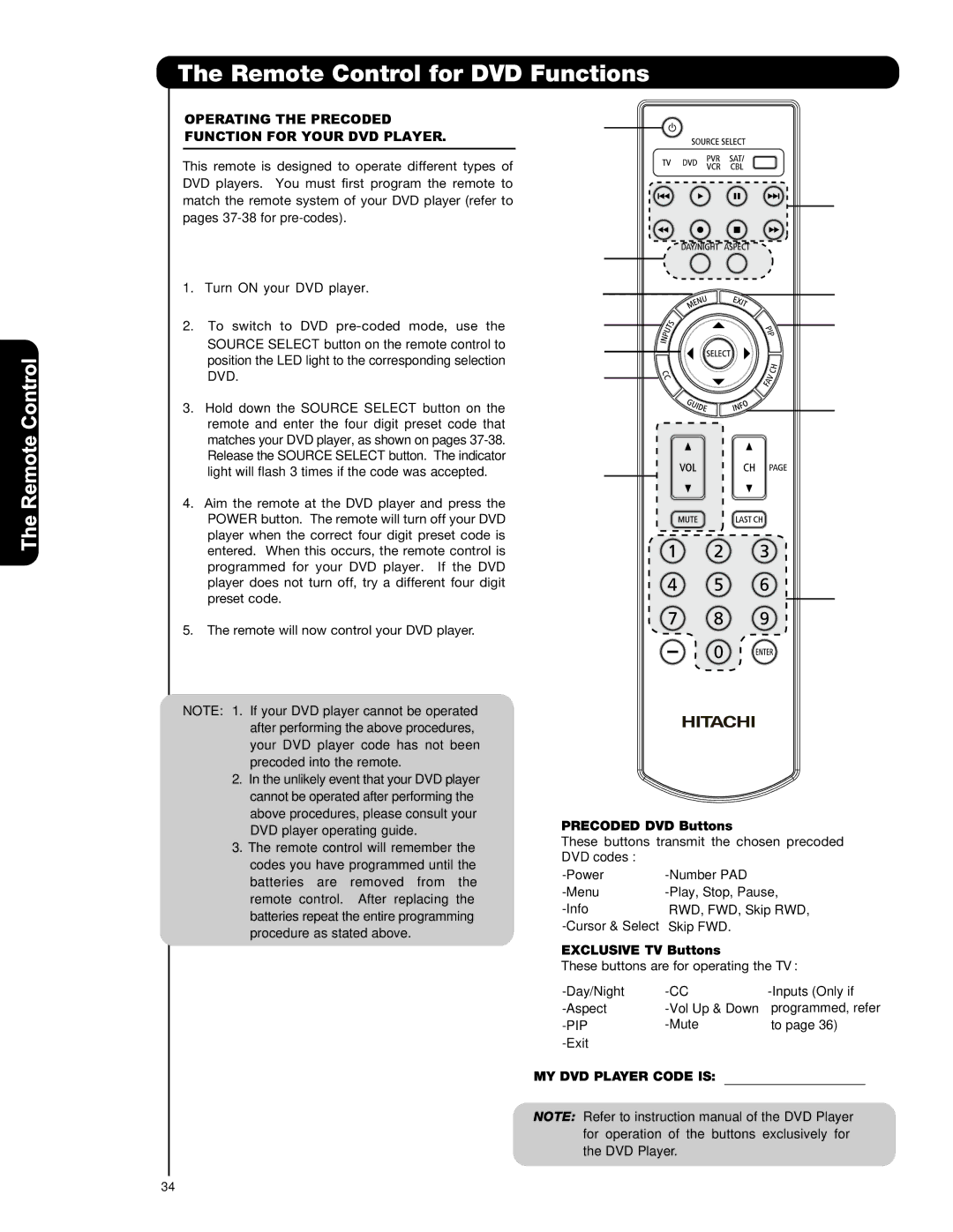 Hitachi P42T501, P42T501A, P50T501, P50T501A, P55T551 Remote Control for DVD Functions, Dvd, Precoded DVD Buttons 