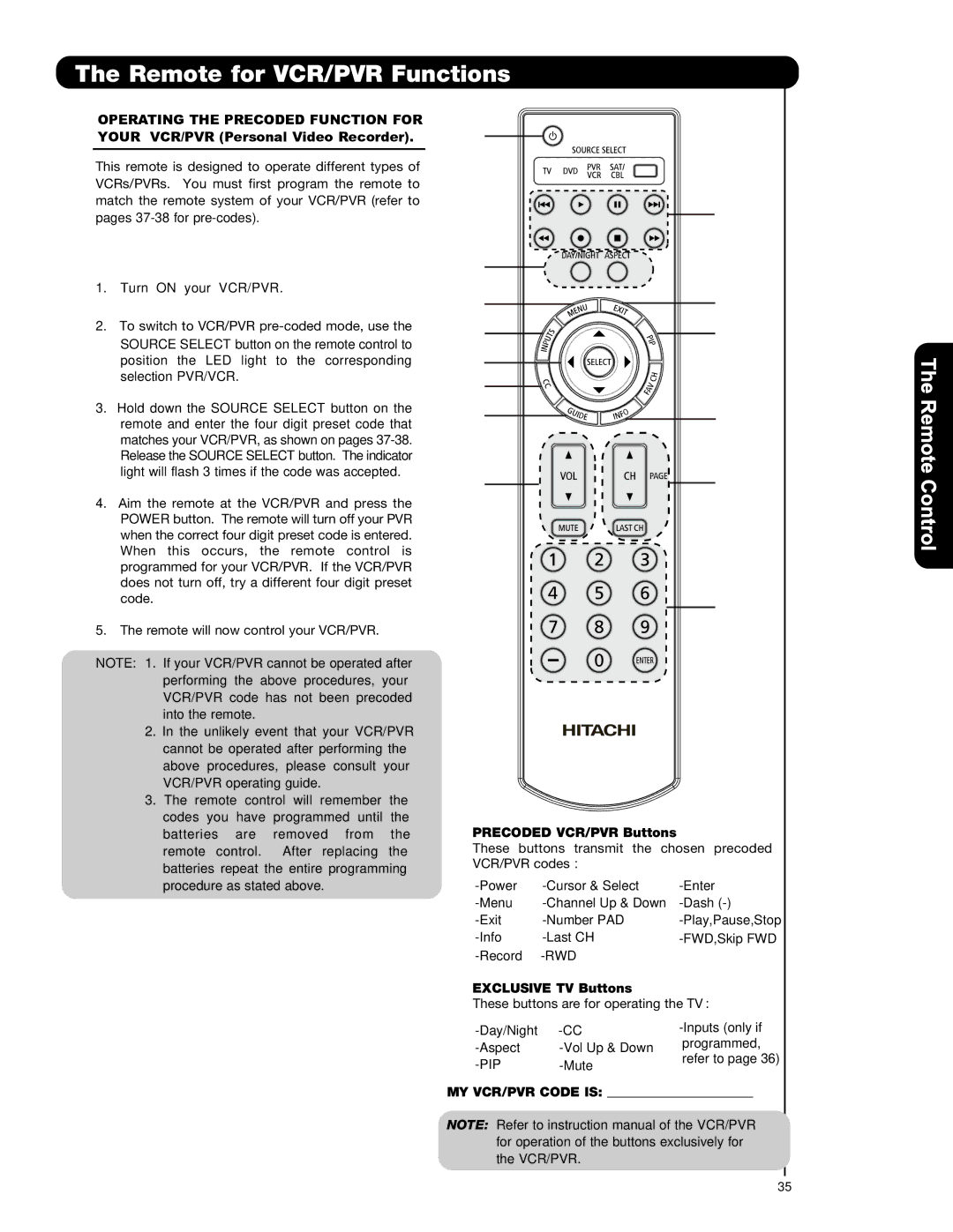 Hitachi P42T501, P55T551, P50T501A Remote for VCR/PVR Functions, Precoded VCR/PVR Buttons, MY VCR/PVR Code is 