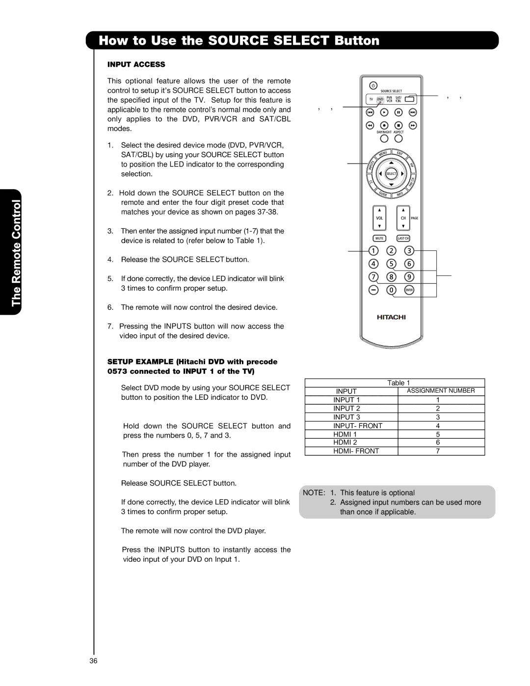 Hitachi P55T551, P42T501, P50T501A important safety instructions How to Use the Source Select Button, Input Access 