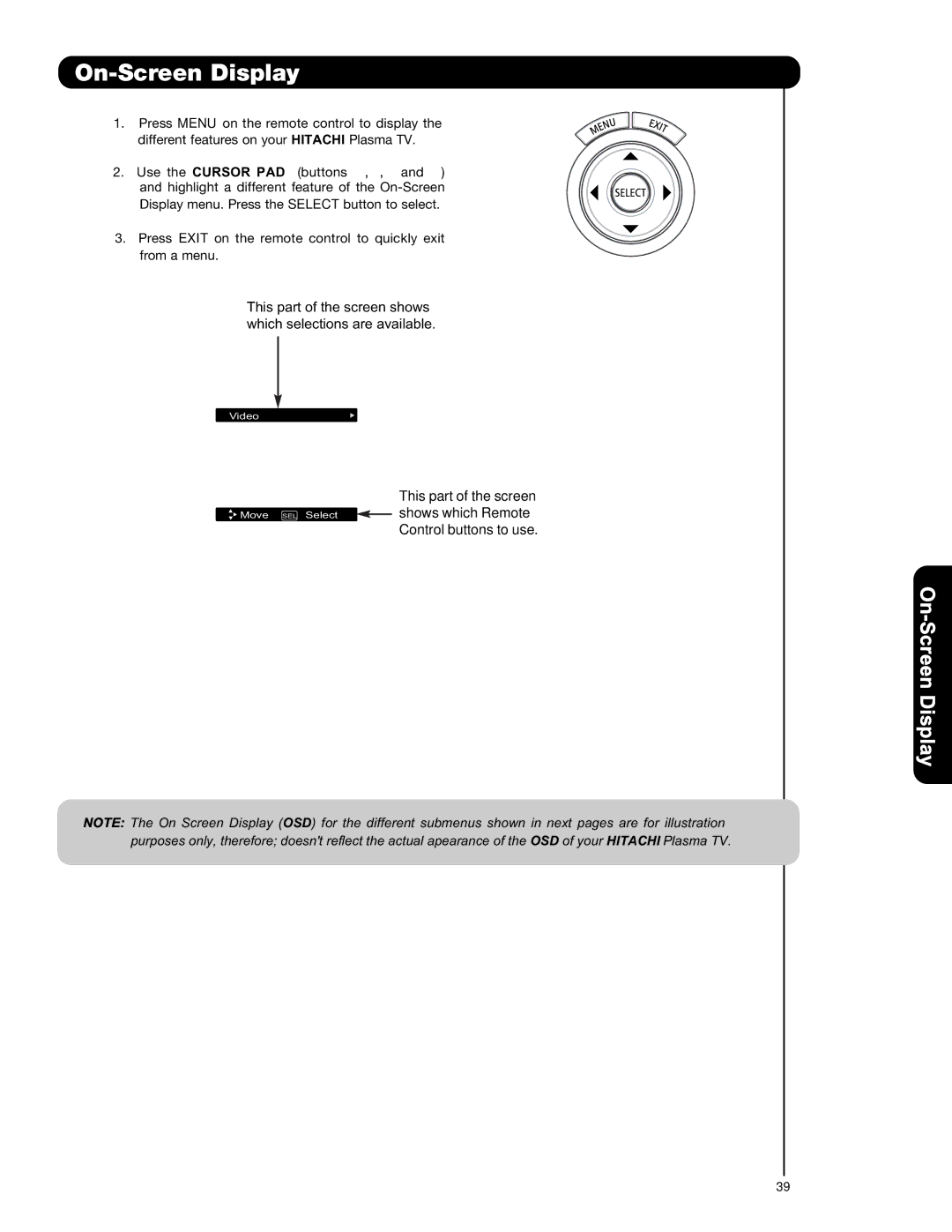 Hitachi P42T501, P42T501A, P50T501, P50T501A, P55T551 important safety instructions On-Screen Display 