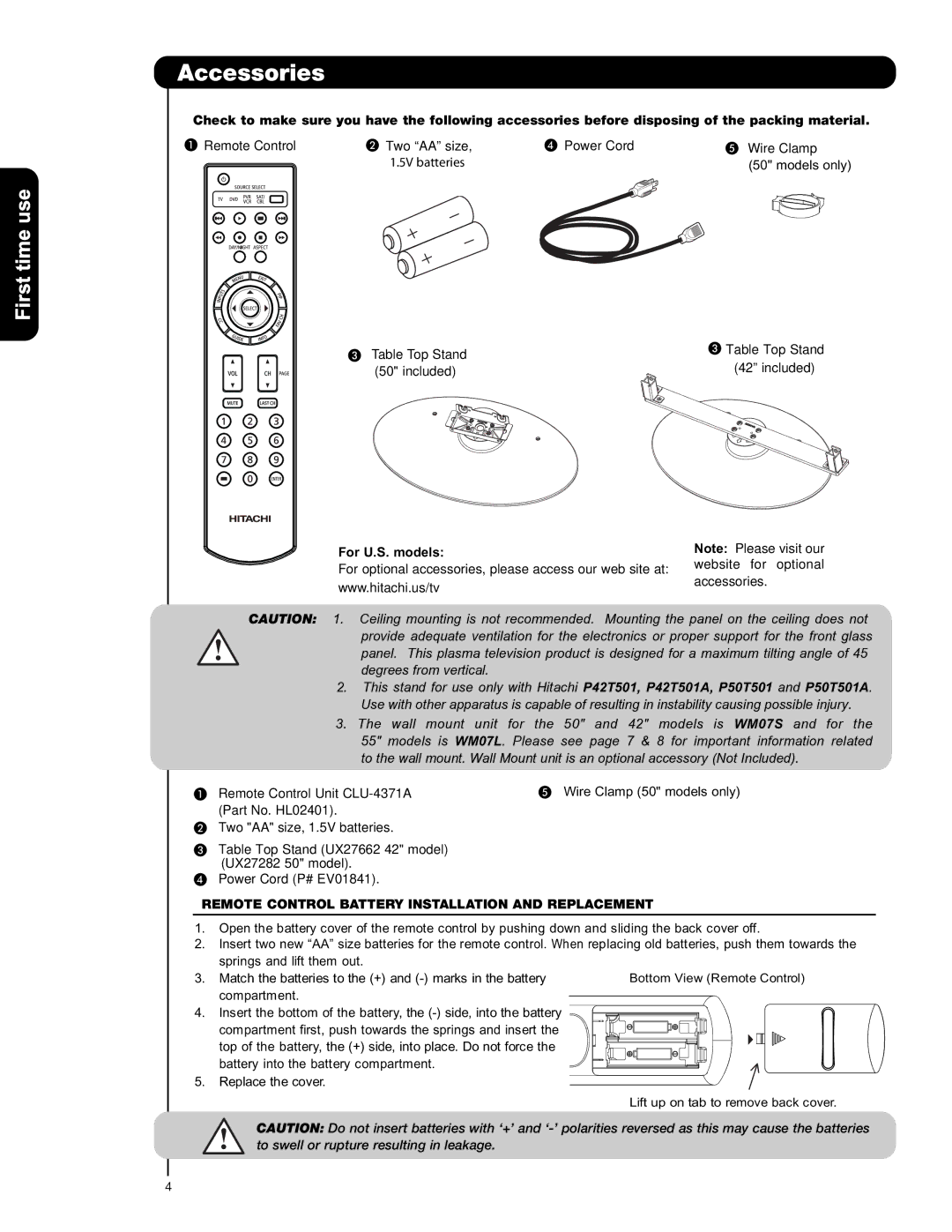 Hitachi P42T501, P42T501A, P50T501, P50T501A, P55T551 important safety instructions Accessories, For U.S. models 