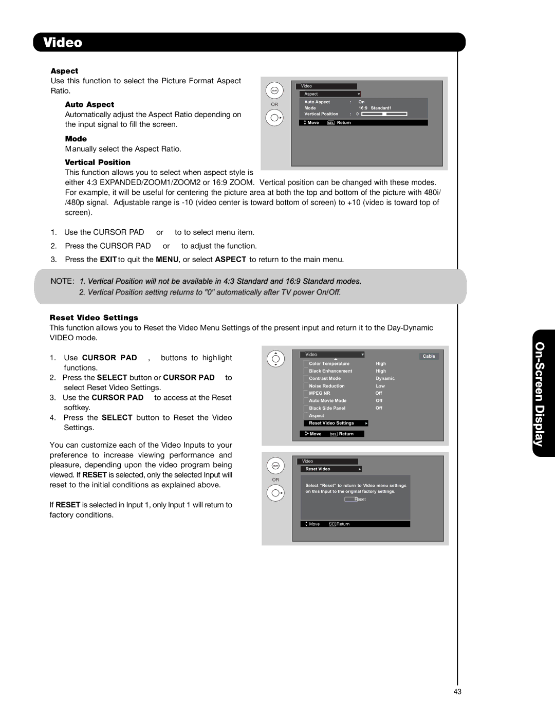 Hitachi P50T501A, P42T501, P55T551 Auto Aspect, Mode, Vertical Position, Reset Video Settings, Use Cursor PAD 