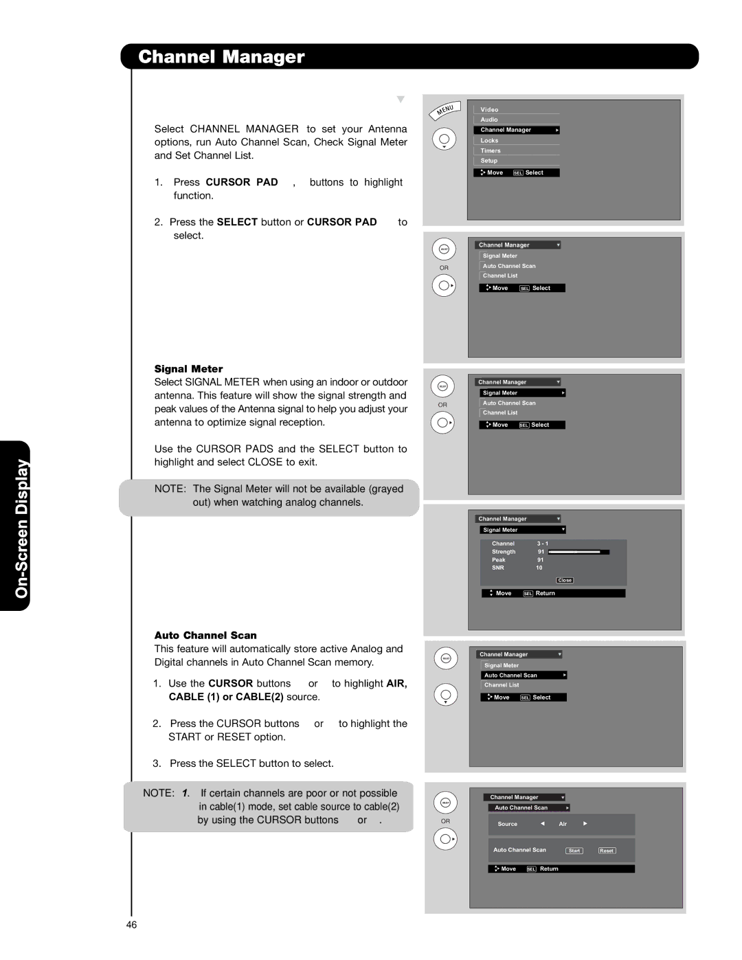 Hitachi P55T551, P42T501 Channel Manager, Signal Meter, Auto Channel Scan, Cable 1 or CABLE2 source, Start or Reset option 