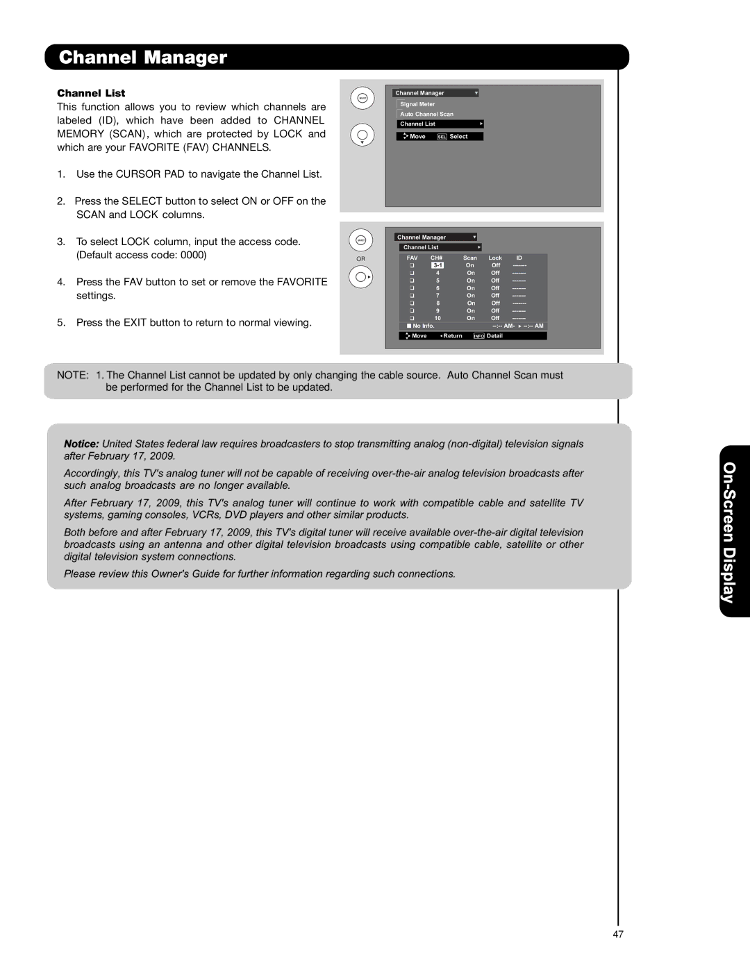 Hitachi P42T501, P42T501A, P50T501, P50T501A, P55T551 important safety instructions Channel List 