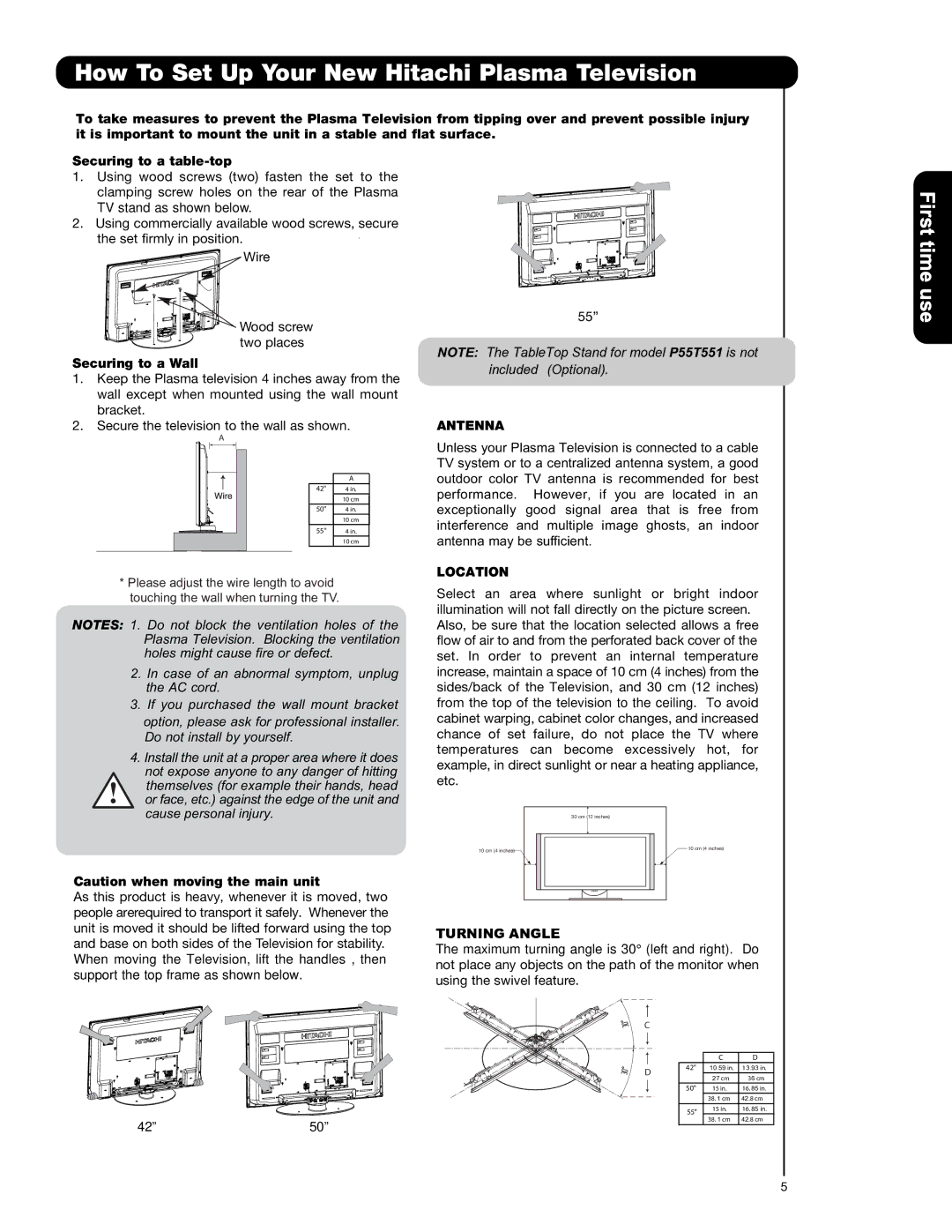 Hitachi P42T501 How To Set Up Your New Hitachi Plasma Television, Securing to a Wall, Antenna, Location, Turning Angle 