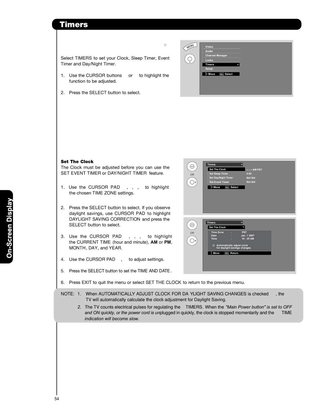 Hitachi P42T501, P42T501A, P50T501, P50T501A, P55T551 Timers, Set The Clock, MONTH, DAY, and Year Use the Cursor PAD 