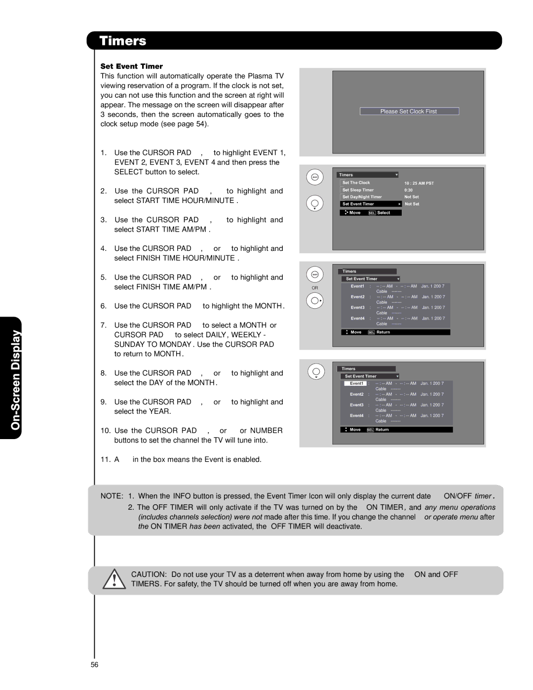 Hitachi P55T551 Set Event Timer, Event 2, Event 3, Event 4 and then press, Select Start Time AM/PM Use the Cursor PAD 