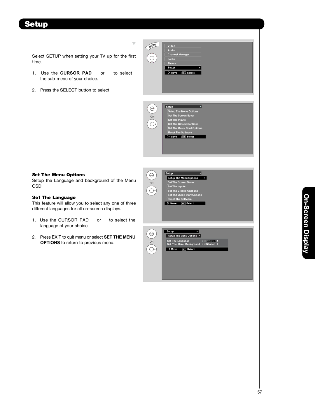 Hitachi P42T501, P55T551, P50T501A important safety instructions Setup, Set The Menu Options, Set The Language 