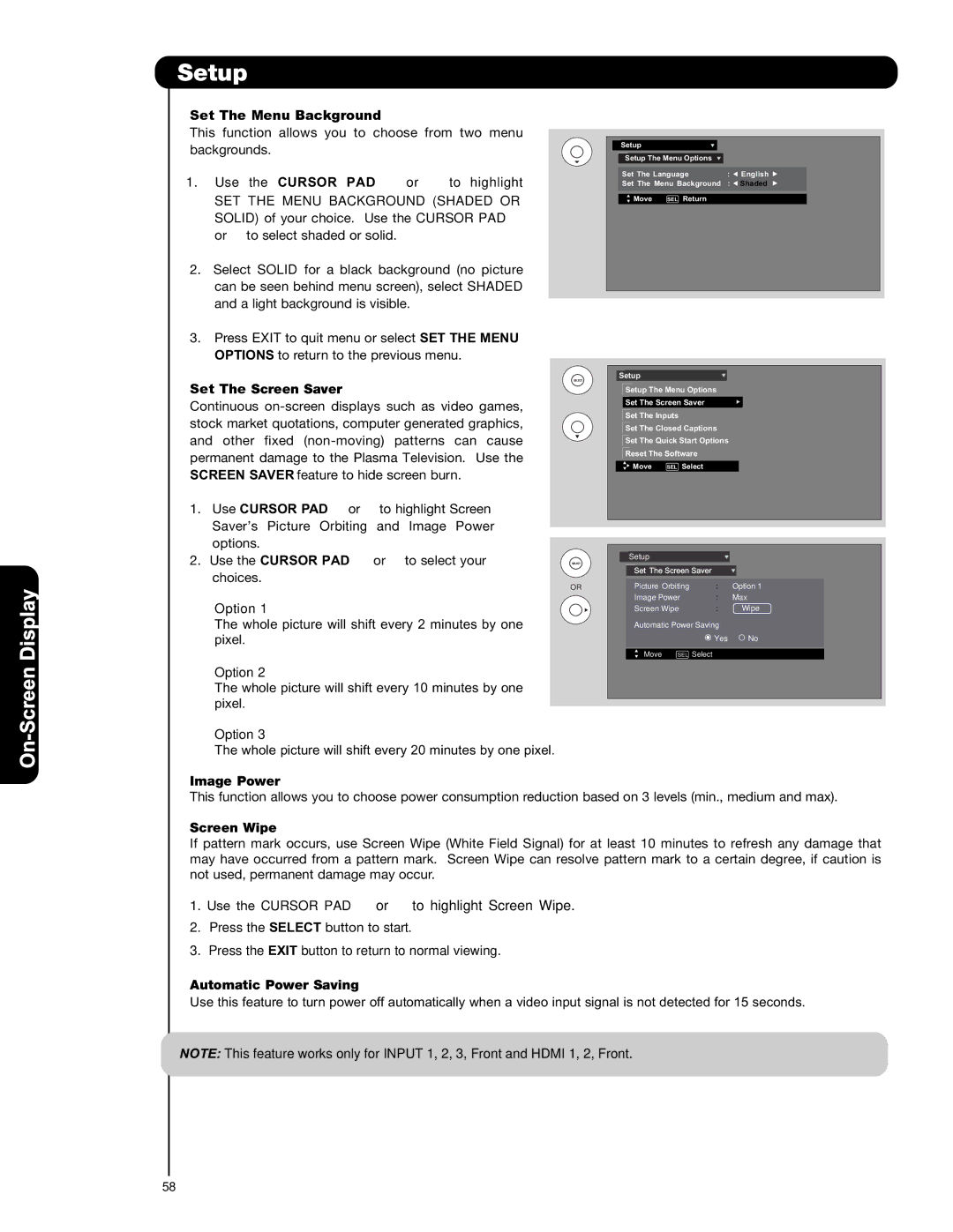 Hitachi P50T501A Set The Menu Background, Set The Screen Saver, Use Cursor PAD or, Option, Image Power, Screen Wipe 