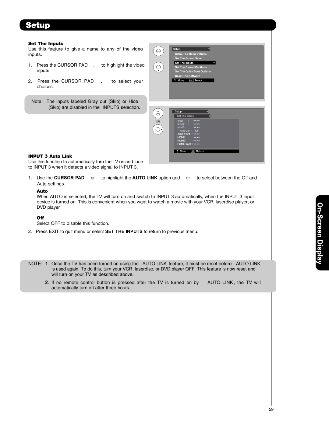 Hitachi P42T501, P42T501A, P50T501, P50T501A, P55T551 important safety instructions Set The Inputs, Input 3 Auto Link, Off 